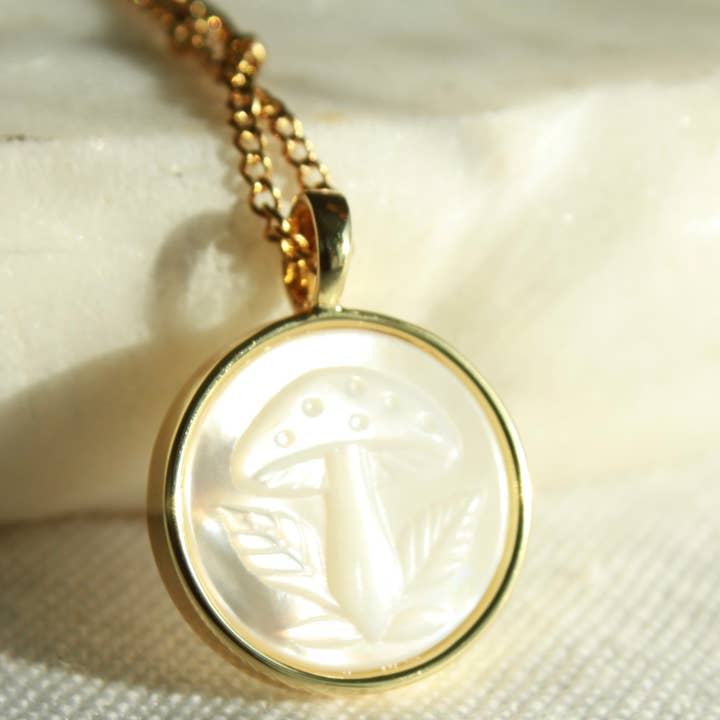 Little Forest Mushroom Etched Mother of Pearl Pendant Necklace for wholesale by Elisa Maree Jewelry