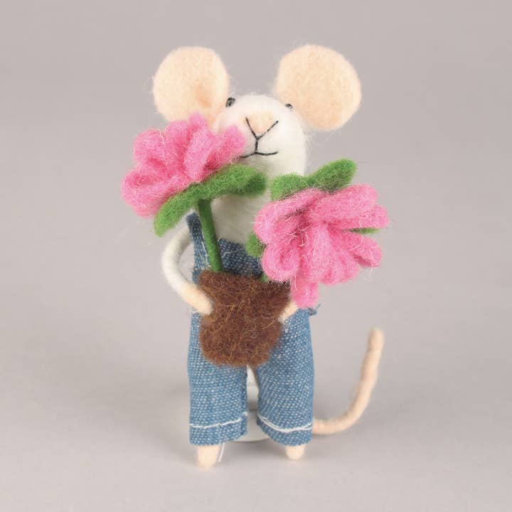 Felt Mouse in Dungarees Holding Flowerpot for wholesale by Originals International Ltd