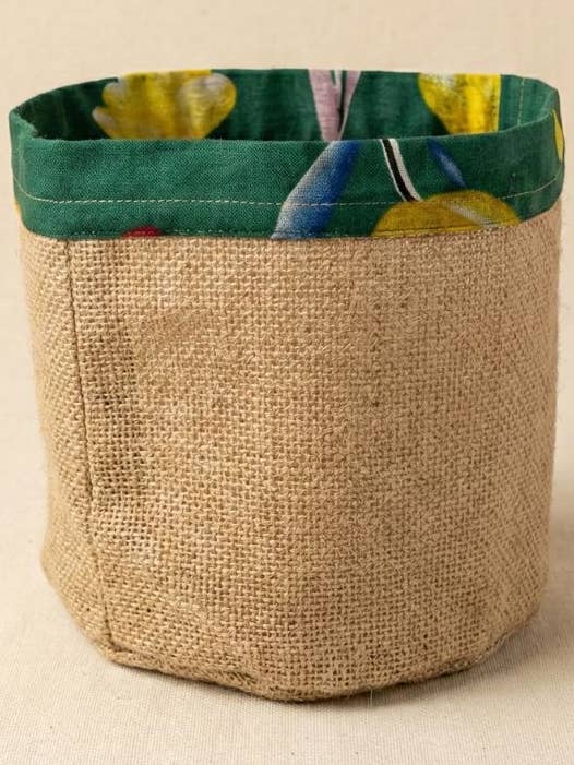 HANDMADE BASKET CILINDRIC RECYCLED SARI FAIR TRADE for wholesale by Veraluna Sustainable Clothing