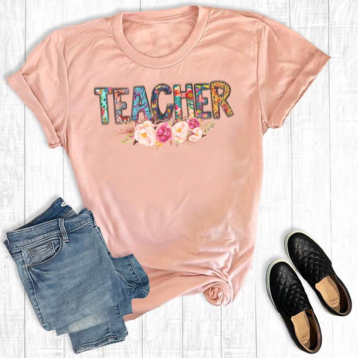 Camiseta Boho Floral Teacher con estampado de melocotón para venta al por mayor de Rebel Rose