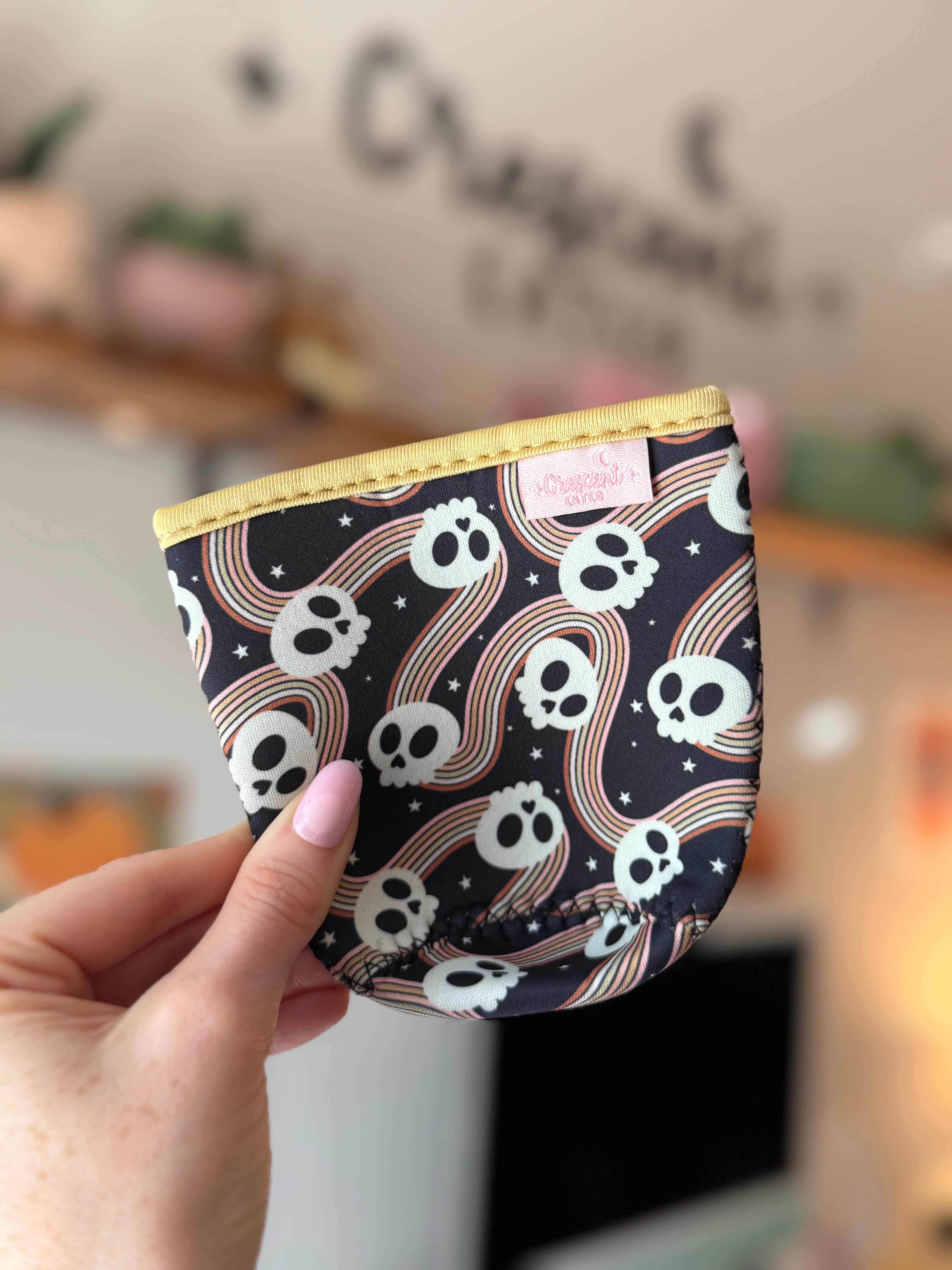 CrescentCatCo - Wholesale Drink Huggers & Koozies - Spooky Cute Skulls Halloween Iced Coffee Drink Sleeve3