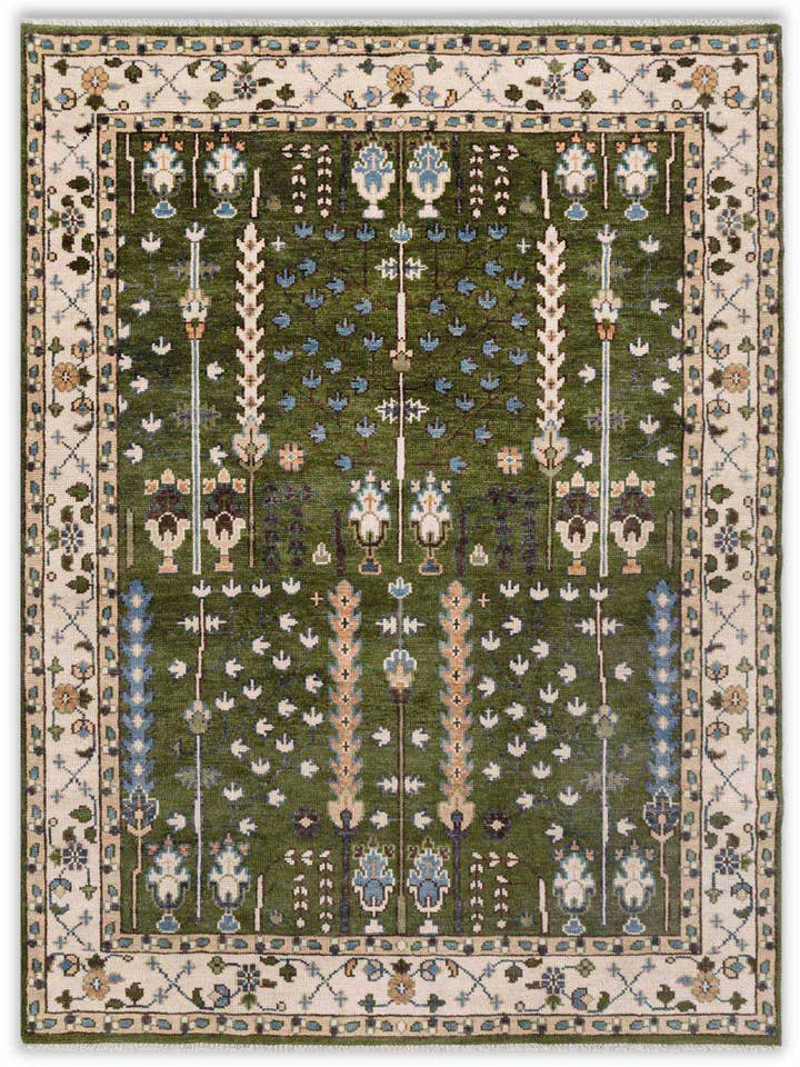 Perzisch Levensboom Donkergroen Ivoor Wol Oushak G-6235 voor wholesale door Aesthetic Homes LLC