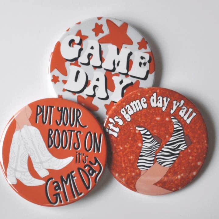 Burnt Orange Game Day Tailgate Buttons | Game Day Pins for wholesale by Tailgated Co.