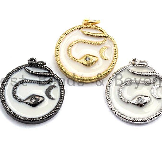 Enamel Round With Snake And Moon Pendant, Gold/Black/Silver,CZ Micro Pave Oil Drop pendant,Enamel Jewelry,20x22mm,sku#Z402 for wholesale by BestBeads&Beyond