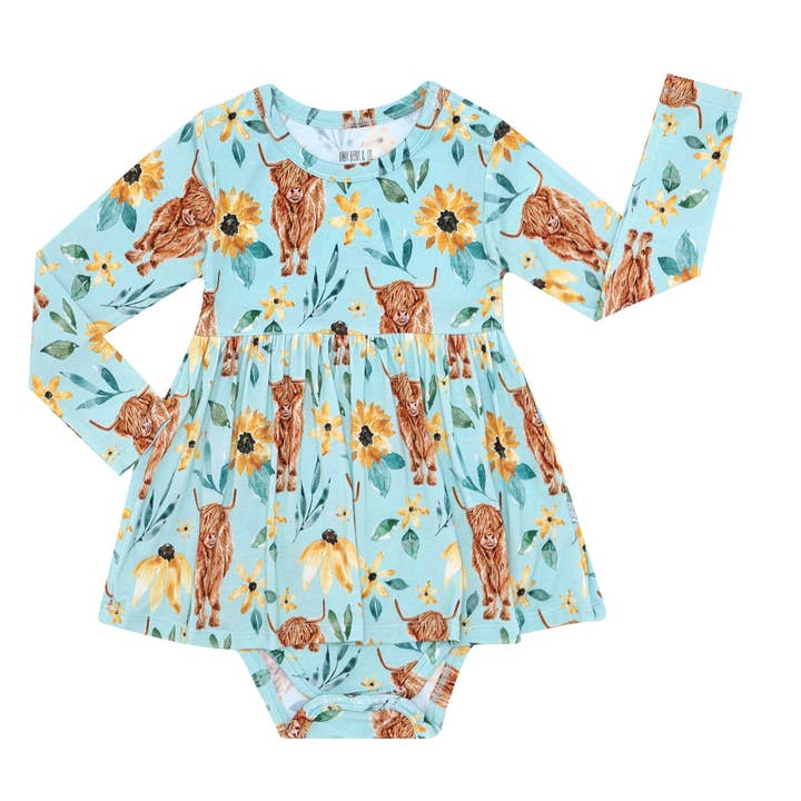Highland Blossom Long Sleeve Bodysuit Twirl Dress for wholesale by Baby Bean & Co.