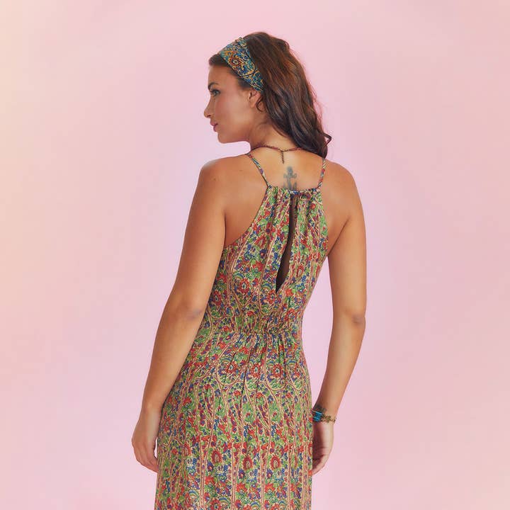 Los Banditos - Wholesale Dress - Women's - Ethnic Print Back Decollete Slit-Neck Green Dress3