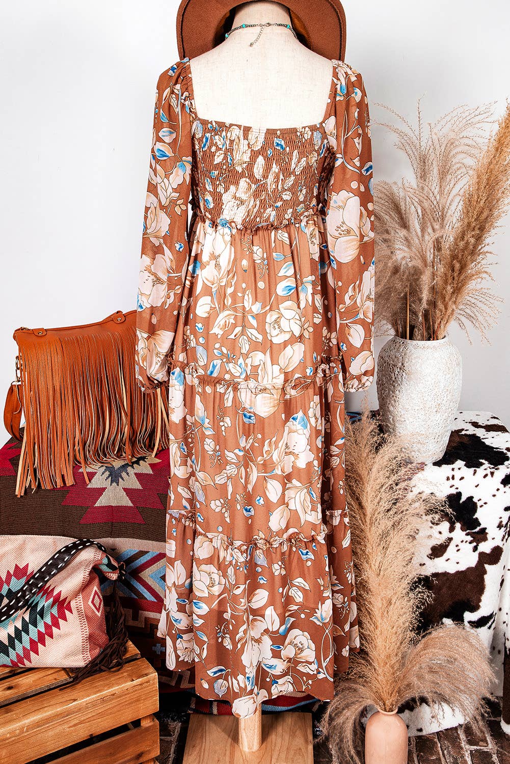 Brown Fashion-W Boho Floral Shirred High Waist Maxi Dress for wholesale on Faire3