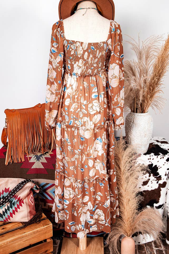 Brown Fashion-W Boho Floral Shirred High Waist Maxi Dress for wholesale on Faire3