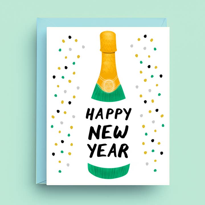 Champagne New Year Greeting Card for wholesale by Nicole Marie Paperie