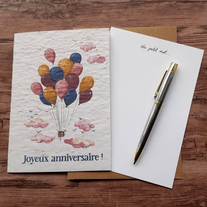 Des Mots Qui Fleurissent – postal de parabéns por atacado – Cartão para plantar - Feliz aniversário (balão de ar quente)1