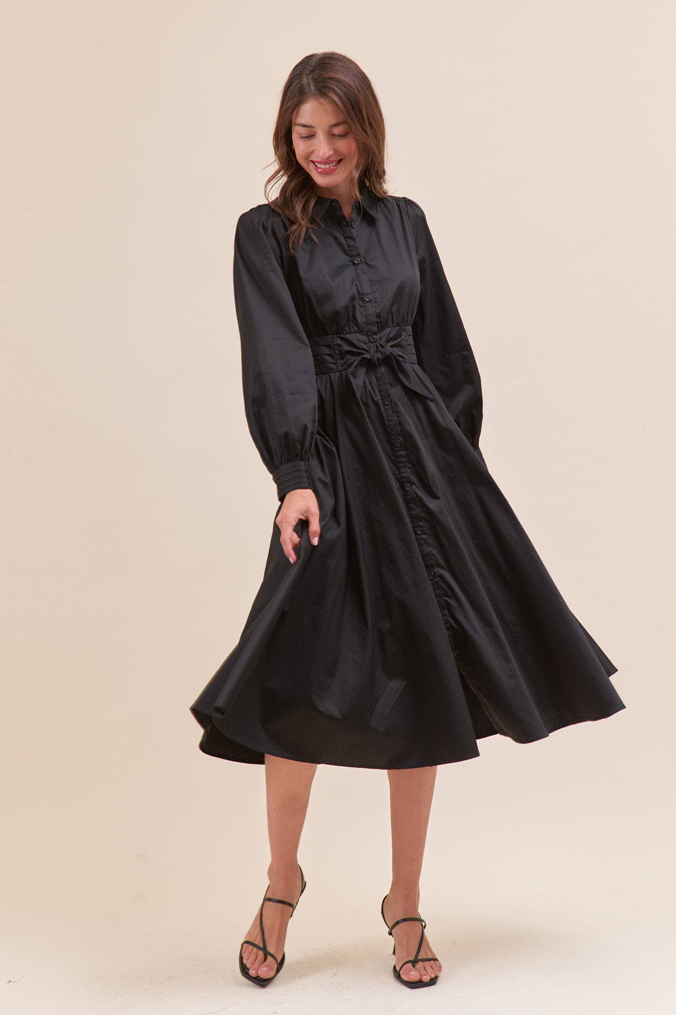 &MERCI - Wholesale Dress - Women's - PINTUCK WAIST TIE FRONT MIDI DRESS MDR421919