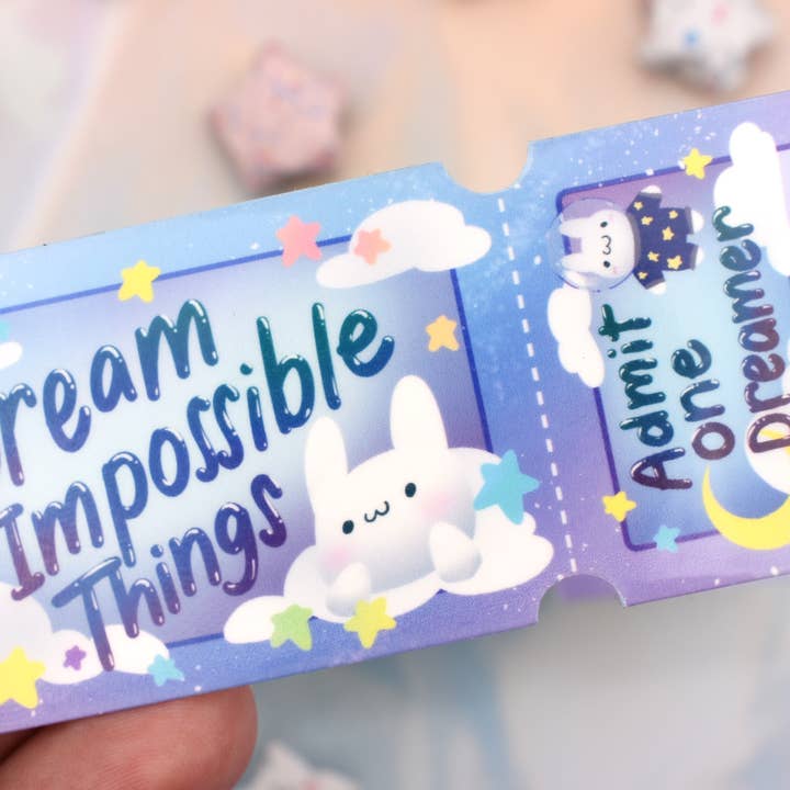 Ticket to Dream Impossible Things Vinyl Sticker for wholesale by Kingsfoil and Coffee Designs