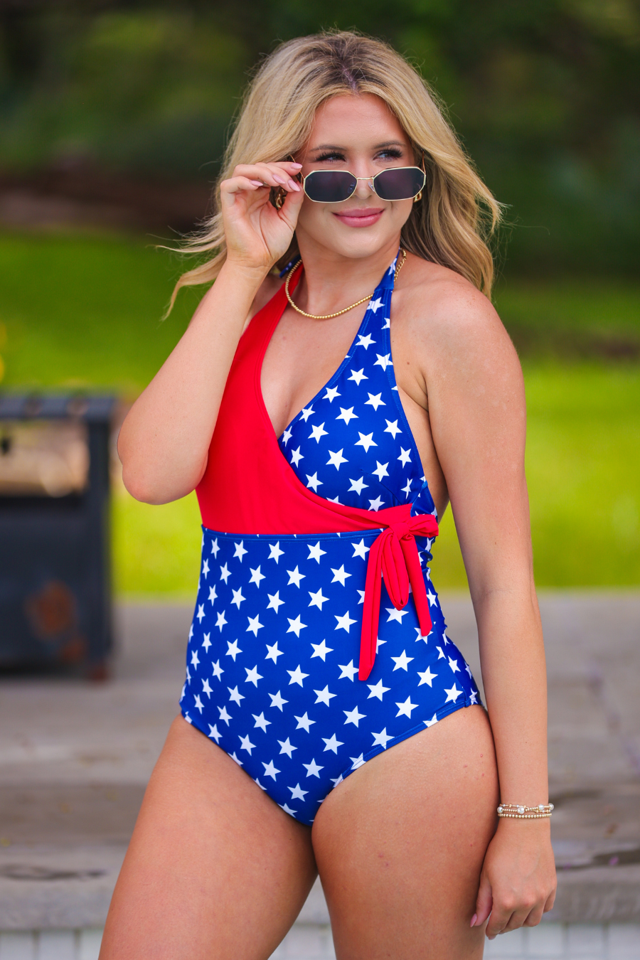 Red Blue Liberty Wave Halter Swimsuit, Red/Blue for wholesale on Faire9