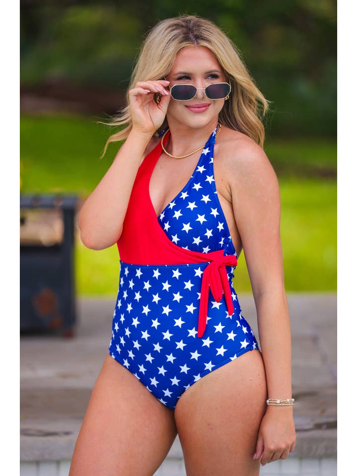 Red Blue Liberty Wave Halter Swimsuit, Red/Blue for wholesale on Faire9