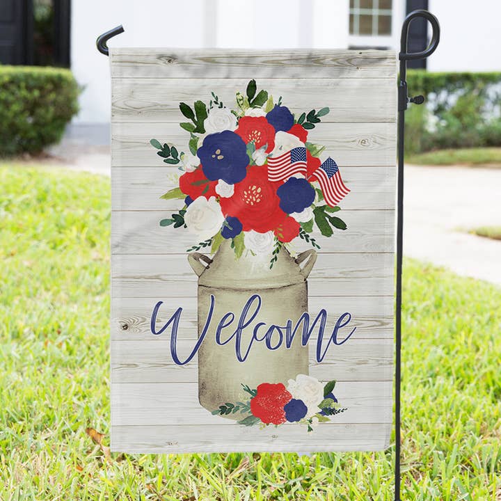 Garden Flag - USA America 4th of July Red Blue Jug Flowers for wholesale by Boutique Monogram