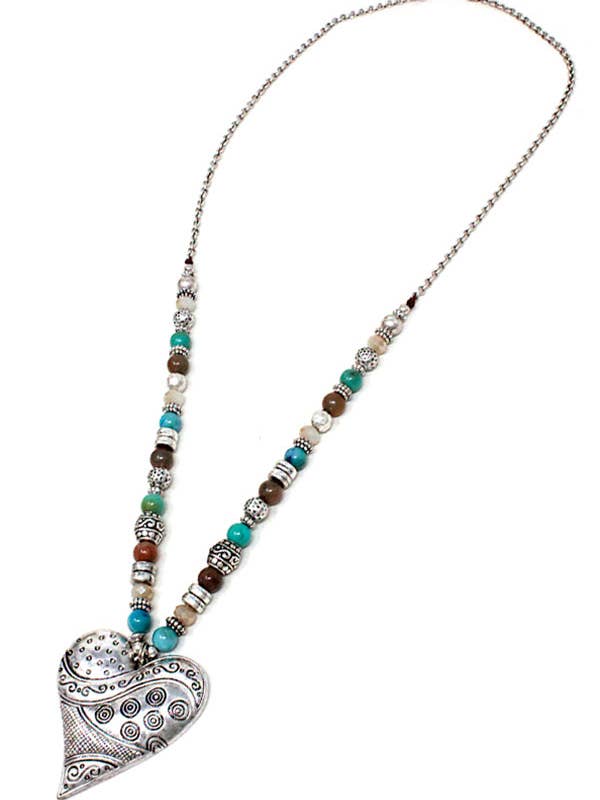 ( W536 ) VINTAGE HEART AND SEMI PRECIOUS STONE NECKLACE for wholesale by Jewelry Max