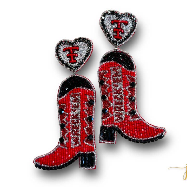 Brincos de botas com miçanga Game Day com strass, Vermelho e Preto, Brincos de Futebol Universitário, Brincos de Bota de Cowboy, Presente de Graduação por atacado de Jenny Patrick Designs ™