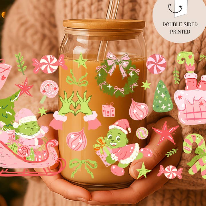 Bicchiere in vetro a doppia faccia Baby Grinch Natale + coperchio e cannuccia per la vendita all'ingrosso da parte di the cute cloud