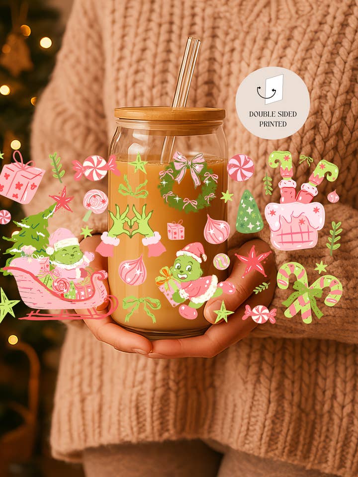 Baby Grinch Christmas Double Sided Glass Cup + Lid & Straw for wholesale by the cute cloud