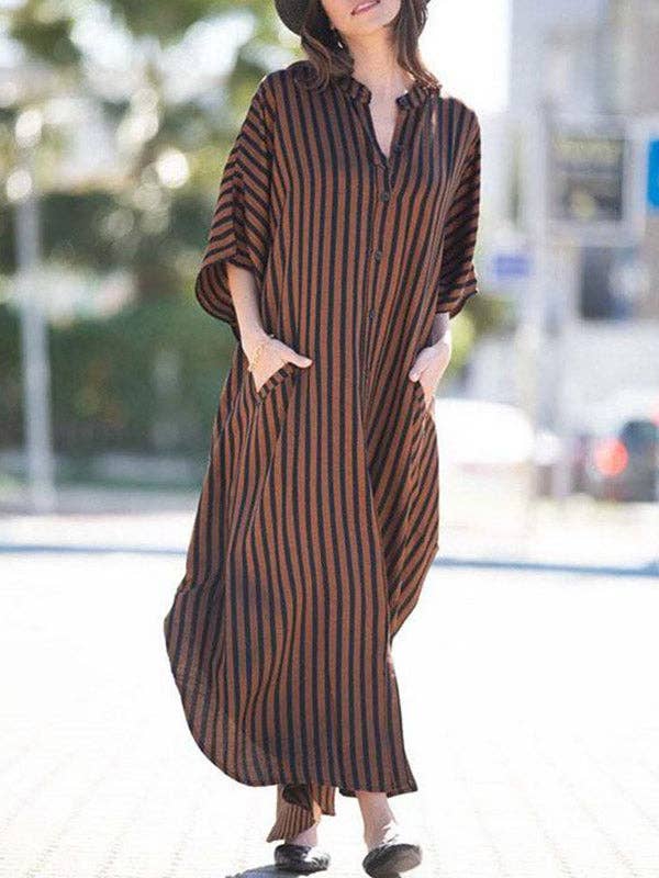 Sheer Trend - Wholesale Dress - Women's - Batwing Sleeves Half Sleeves Buttoned Pockets Striped Round-Neck Beach Cover-Up Maxi Dresses1