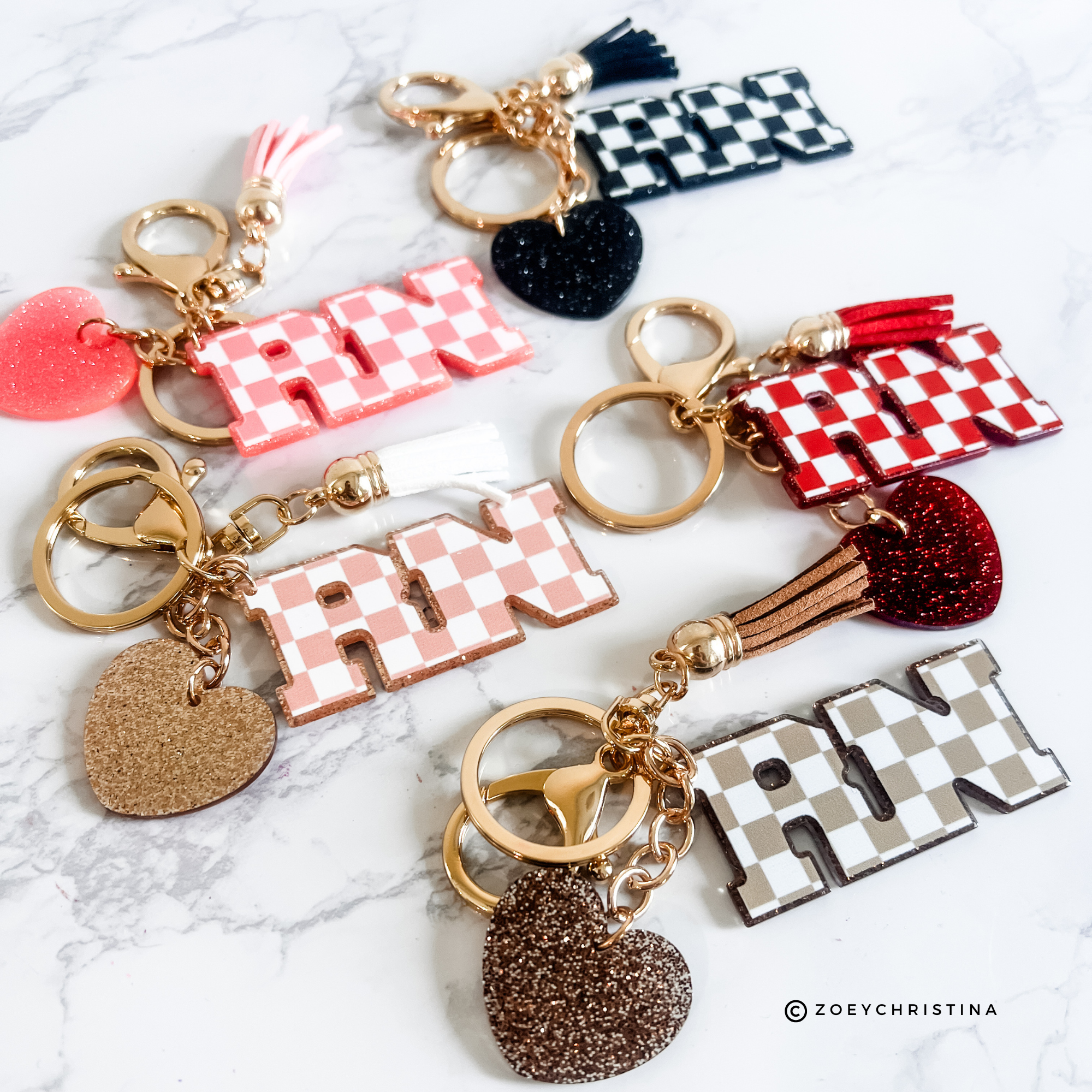 Zoey Christina - Wholesale Keychain - Women's - RN Keychain – Checkerboard Letter Charm with Tassel & Heart4