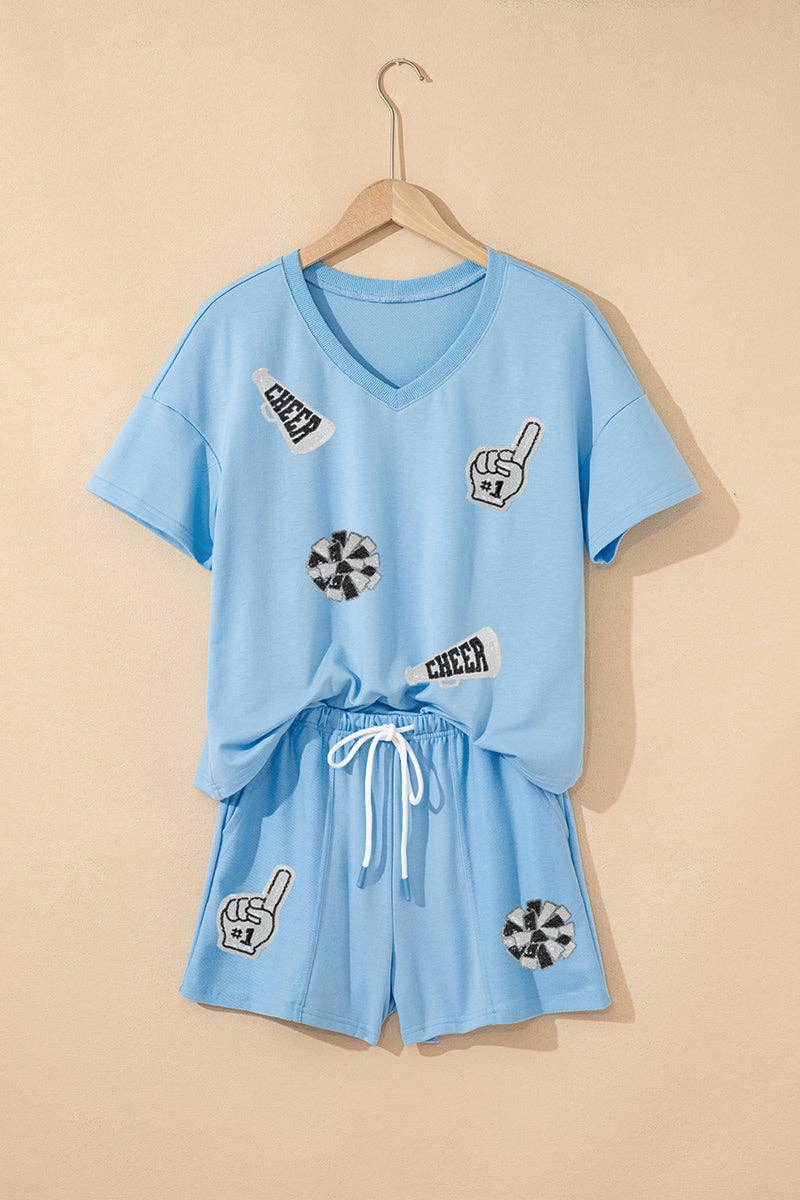 BLUE Cheer Graphic V Neck Short Set for wholesale on Faire1