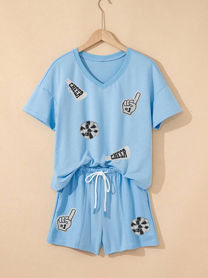 BLUE Cheer Graphic V Neck Short Set for wholesale on Faire1