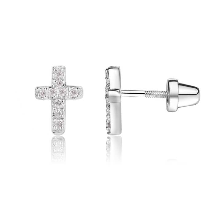 Cherished Moments - Wholesale Earrings - Kids - Sterling Silver Baptism Cross CZ Earrings Baby Baptism Gift