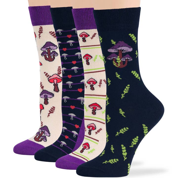 Women Bamboo Mushroom Crew Socks - 4 Pack - Blue, Purple for wholesale by 7Bigstars Kingdom