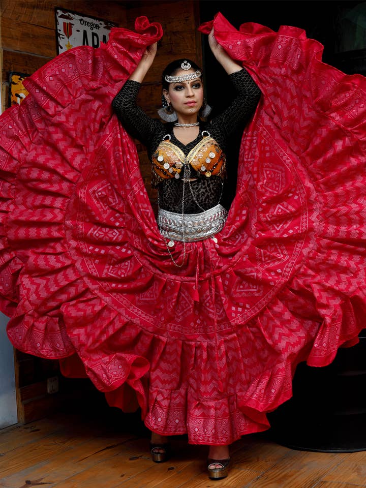 Block Print Assuit Pattern Skirt Pink/silver for wholesale by Senoritas Tribal Designs