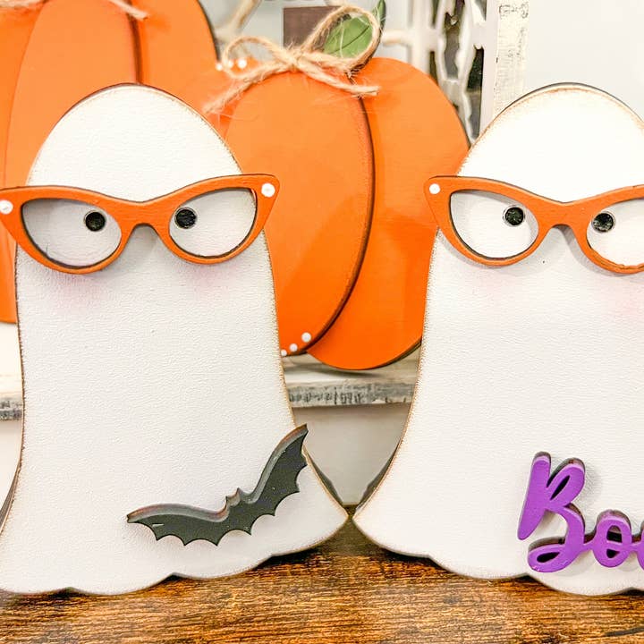 Hollow Grove Designs - Wholesale Decorative tabletop object - Nerdy Ghost Shelf Sitters | Chunky Ghost Tiered Tray Decor | Halloween Accents0