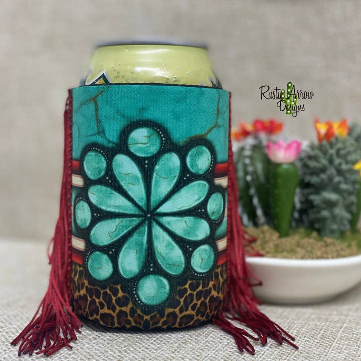 Regular Serape Turquoise Stone Fringe Koozie for wholesale by RAD Wholesale