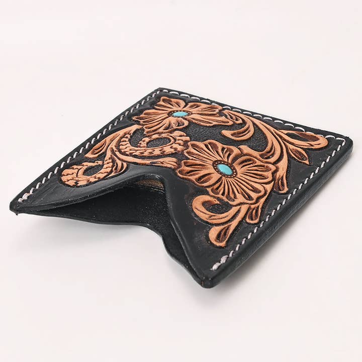 LS Western - Wholesale Card Holder - Women's - ADCCF115 Black Leather Western Card Holder - Hand-Tooled Floral Design with Turquoise Accents3