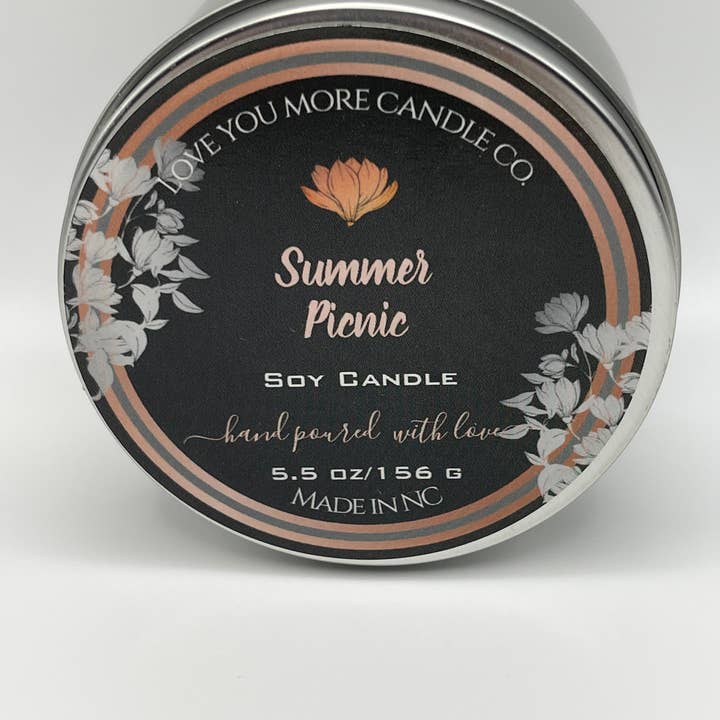 Summer picnic soy candle 8 oz tin for wholesale by Love You More Candle Company