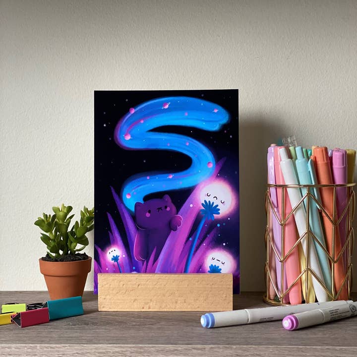 Adventure Cat Under Sleepy Galaxies | Celestial Artwork - Signed Borderless Giclee Art Print for wholesale by Picnocline