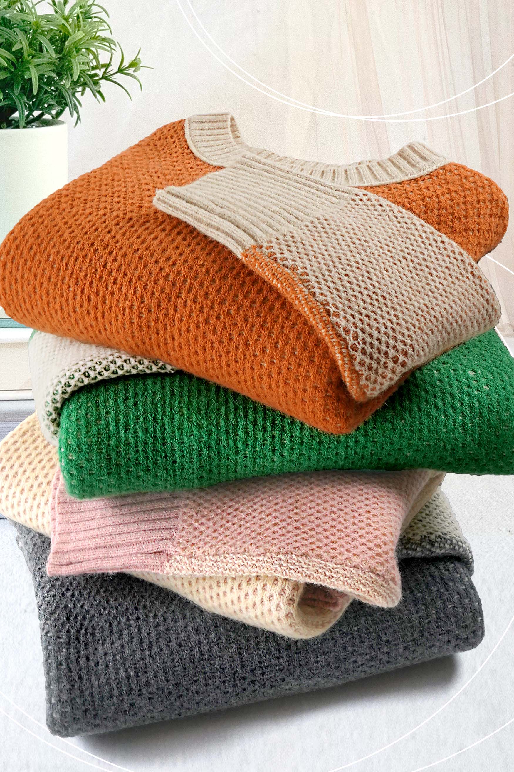 La Miel - Wholesale Knit Sweater - Women's - MCS3556-Loose Fit Color Block Textured Round Neck Sweater 34