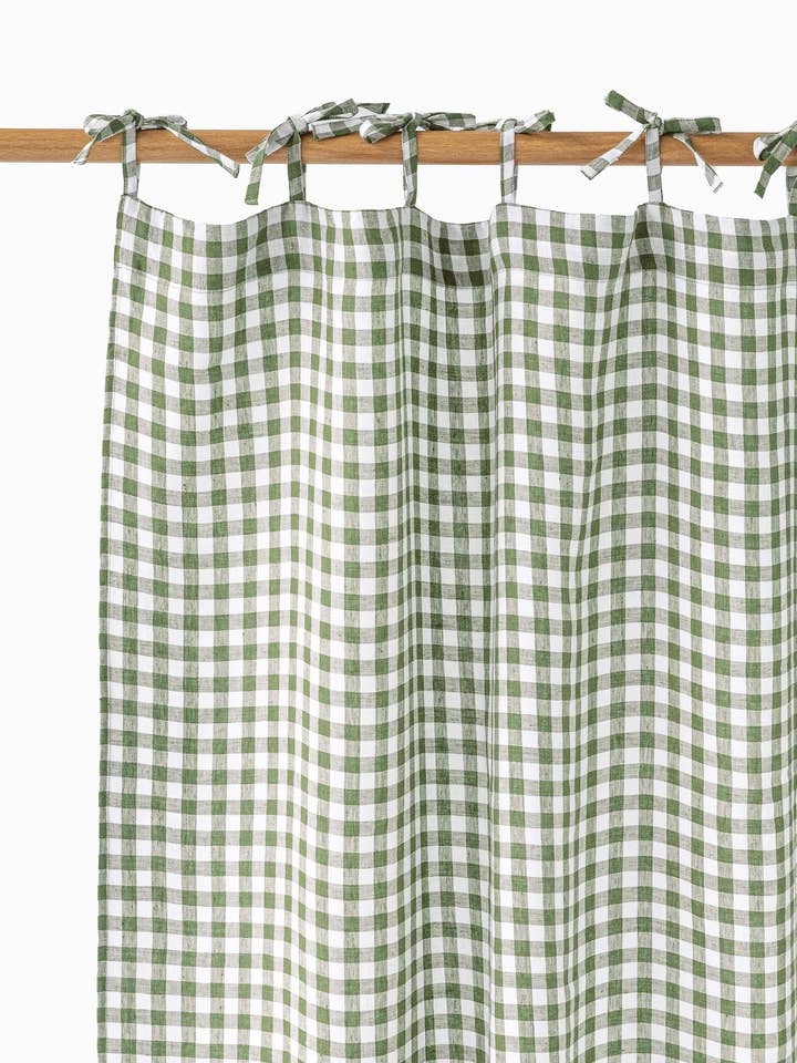 Panneau de rideau en lin à nouer (1 pièce) en vichy vert forêt pour la vente par MagicLinen (We handle U.S. import procedures for you)