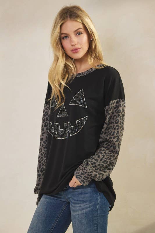 Sunday Morning - Wholesale Tunic - Women's - T0677HE12-Rhinestone Pumpkin Animal Contrast Top9