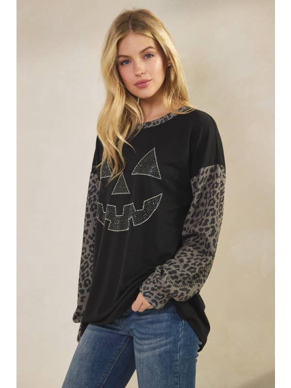 Sunday Morning - Wholesale Tunic - Women's - T0677HE12-Rhinestone Pumpkin Animal Contrast Top9