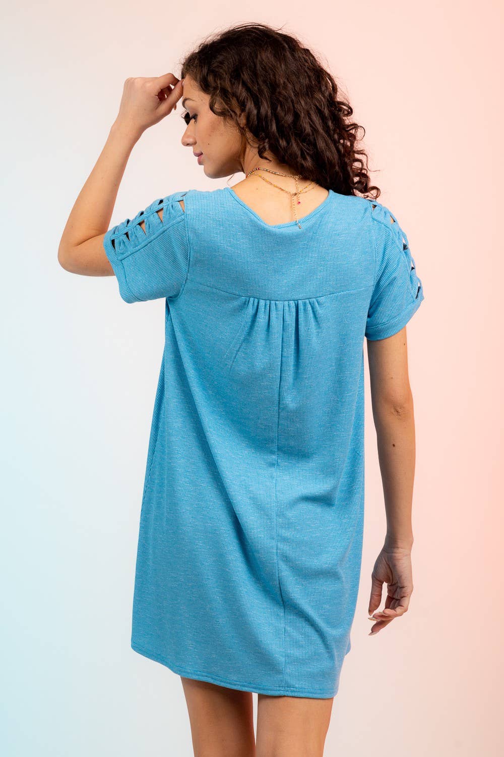 VERY J - Wholesale Dress - Women's - ND30836-Ruched Cutout Sleeve Tee Dress16