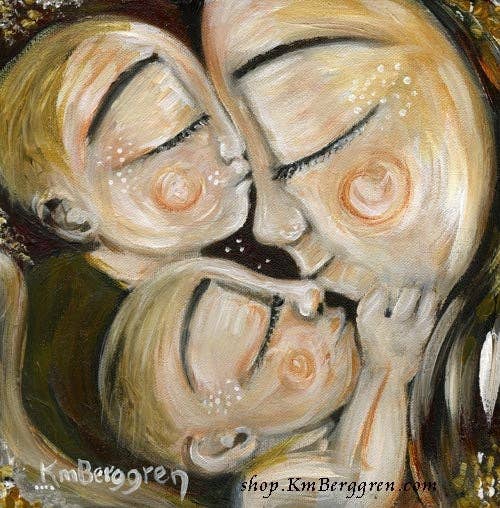 Katie m. Berggren art & design, LLC - Wholesale Art Print - Star Crossed - 2 Toddlers Kissing Mommy Art Print1