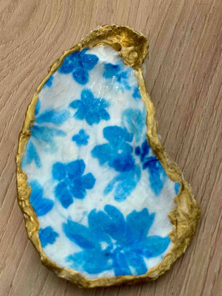 Blue Floral Oyster Shell Oyster Shell Jewelry Dish for wholesale by Kara Keller Designs