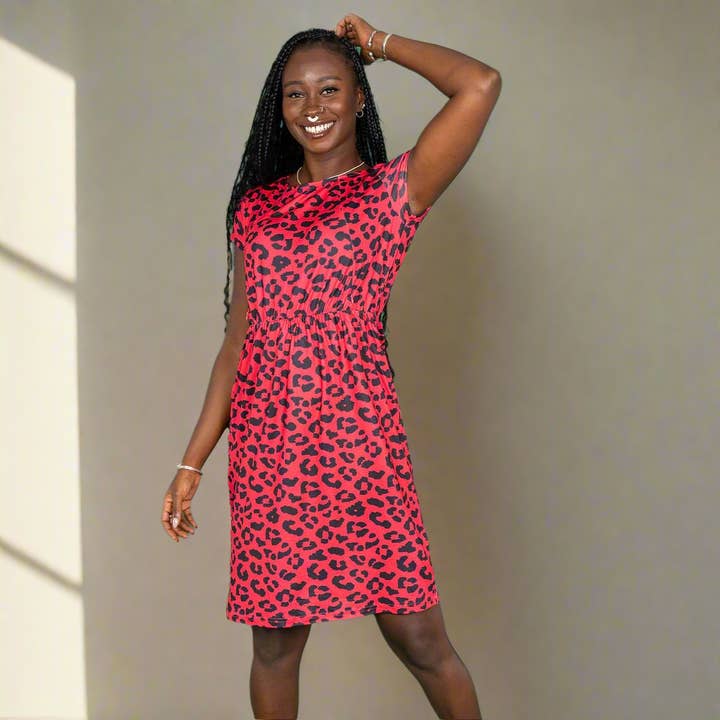 The Knee Length Breastfeeding Dress - Red Leopard Print for wholesale by Stylish Collective
