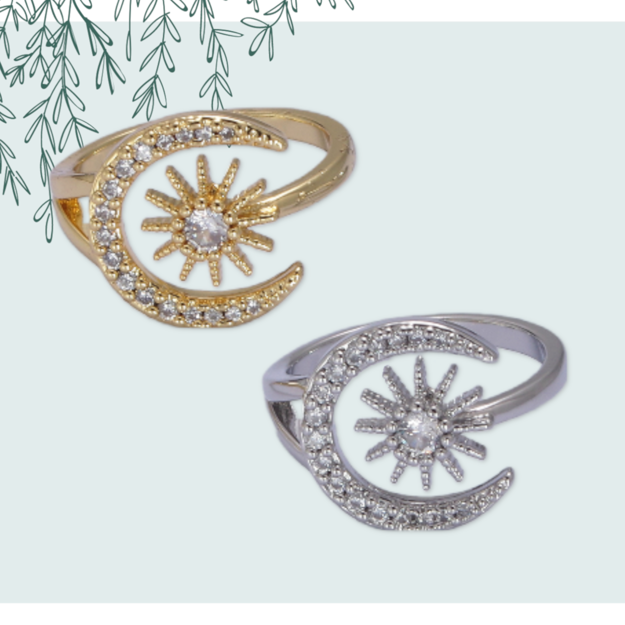Aim Eternal - Wholesale Multi-Stone Ring - Elegant Micro Pave Gold/Silver Moon & Star Adjustable Ring7