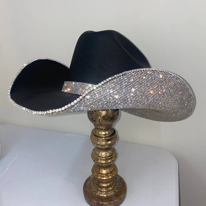 Rhinestone Cowgirl - Vente Chapeau de cowboy – femme - Chapeau noir et cristal de forme carrée0