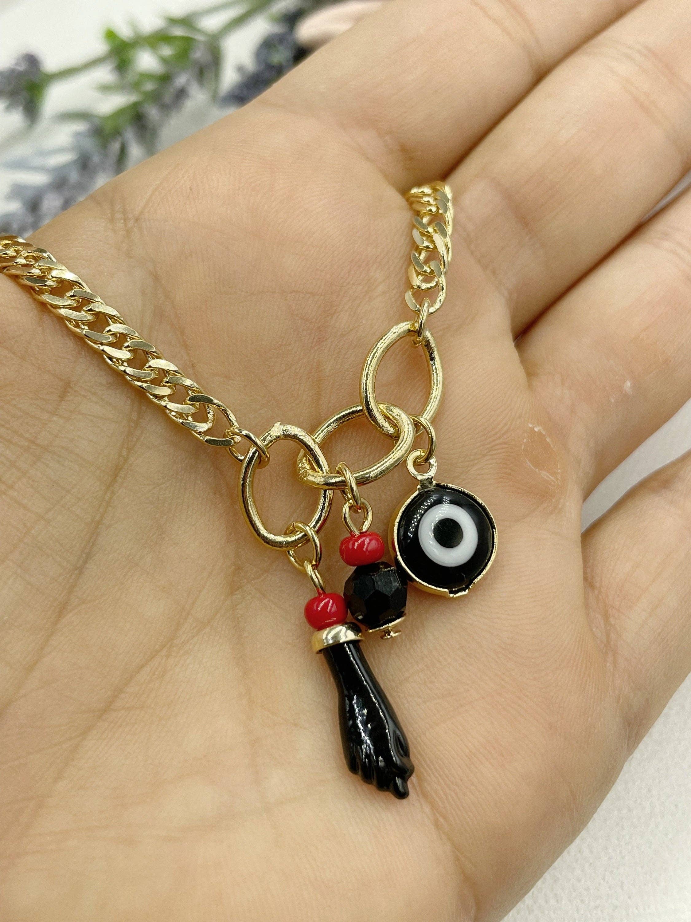 Cherie by Cherie - Venta al por mayor Pulseras de abalorios/colgantes - Pulsera colgante de mano de figa, mal de ojo, cuentas negras y rojas4