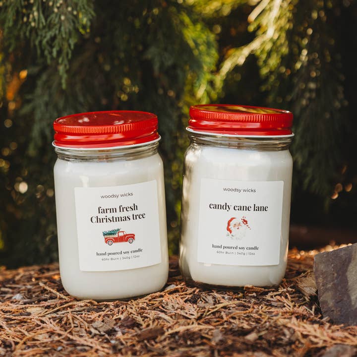 Woodsy Wicks - Wholesale Jar/Filled Candle - Candy Cane Lane Candle 100% Soy Wax - Wick Options