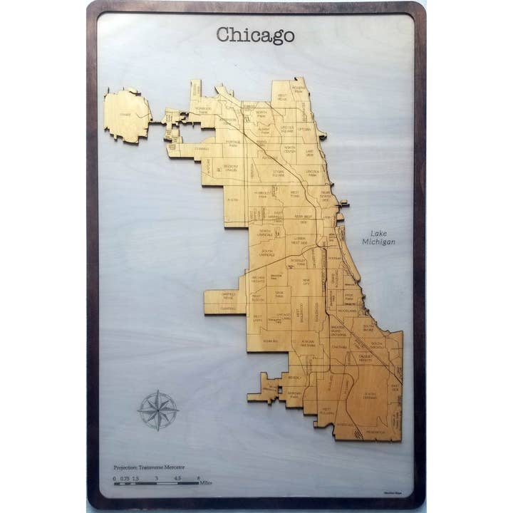 Chicago, IL Wood Map for wholesale by Meridian Maps