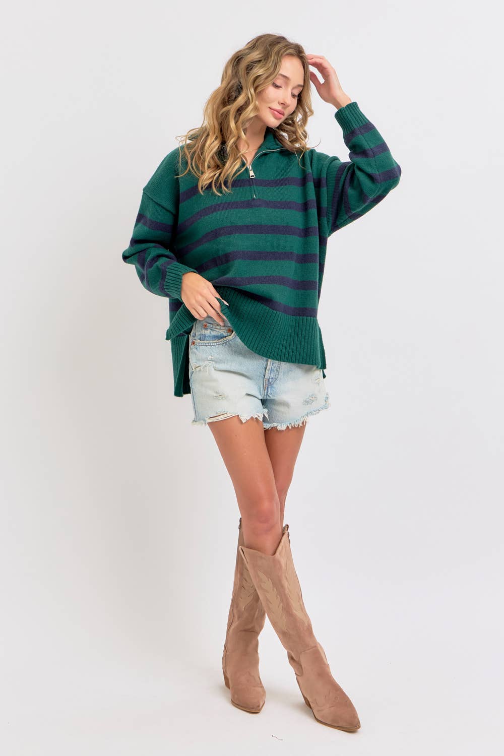 Sweet Lovely by Jen - Wholesale Knit Sweater - Women's - STRIPED ZIP-FRONT OVERSIZED PULLOVER KNIT SWEATER  8