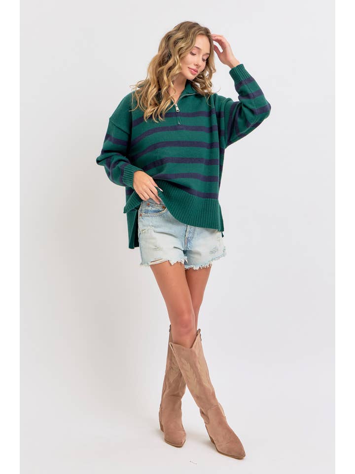 Sweet Lovely by Jen - Wholesale Knit Sweater - Women's - STRIPED ZIP-FRONT OVERSIZED PULLOVER KNIT SWEATER 8